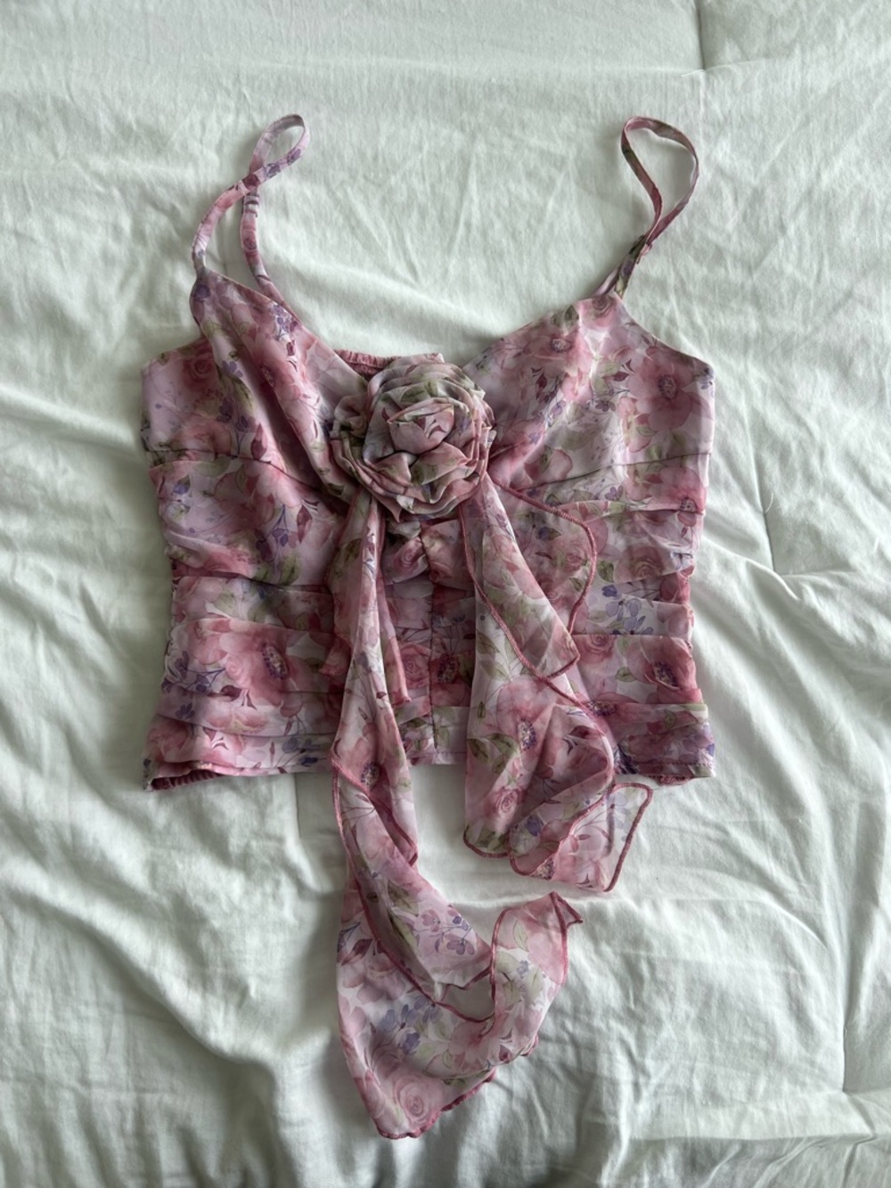 SHEIN Pink Floral Satin Camisole with Rosette Tie